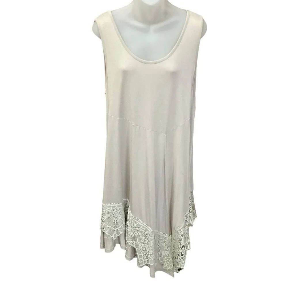 Mollorello Dress Round Neck Asymmetrical Hem Taupe Cream Lace Fringe Medium